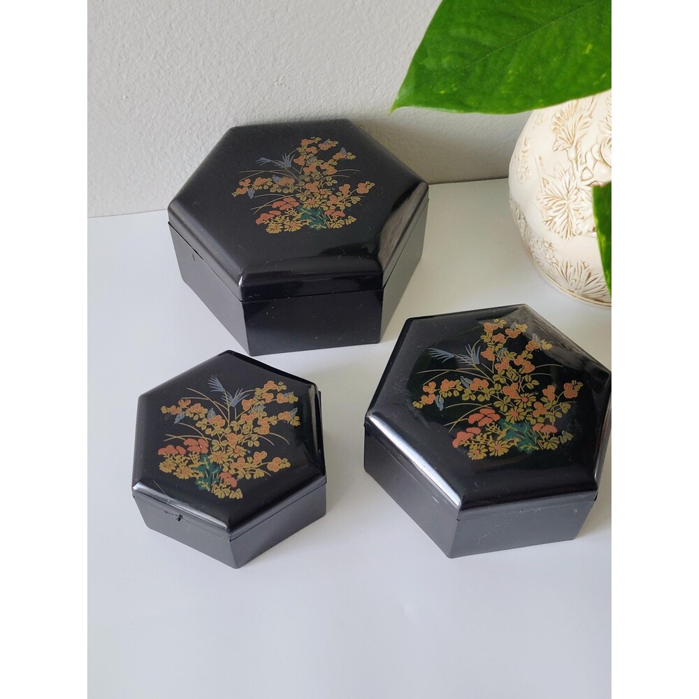 Vintage Nesting Floral Trinket Box Set of 3 Black Plastic Japan 1980s